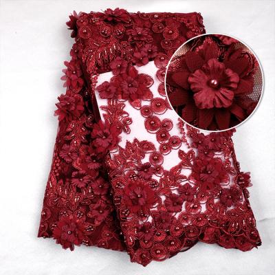 China 2020 Korea 3D Bead Embroidery Flower Heavy Viable Bead Fabric, Red Bead Dubai Bridal Handwork Embroidered Rope Lace Fabric Wholesale for sale