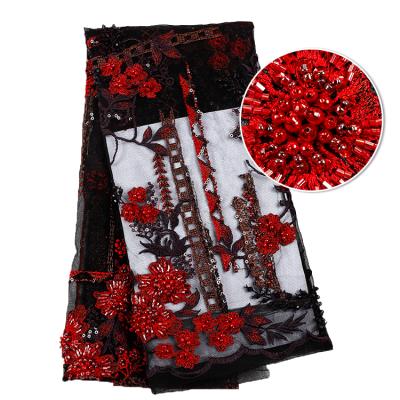 China Red Color Viable Flower 100% Handmade Polyester ES0134 Embroidery Lace Fabric For Women Dress for sale