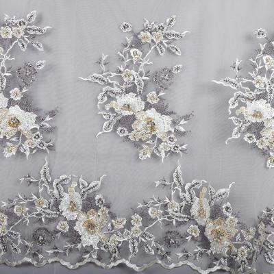 China Viable ZO507 2020 hot sale white bead embroidery lace flower 3d flower embroidery beaded lace fabric for sale