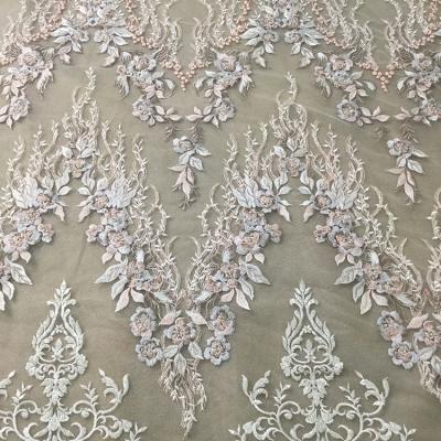 China ES0057 Sustainable Handmade Luxurious Embroidery Lace Fabric 3D Flower Lace Fabric With Feather For Dress for sale