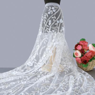 China Good quality MX850 2021 bridal white lace heavy viable beaded lace fabric beaded wedding for women dress for sale