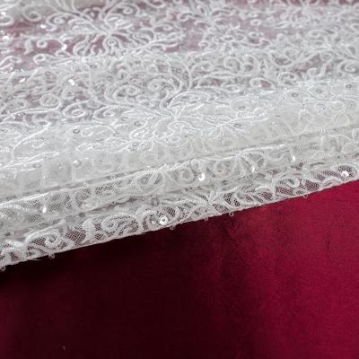 China Viable MX470 Tulle High Quality White Heavy Sequin With Beads Embroidery Net Fabric Lace for sale