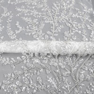 China MX695 Viable High Quality White Wedding Dress Lace Up Luxury Tulle White Pearl Embroidery Lace Fabric With Sequin for sale