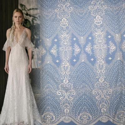 China Viable White Chunky Textile Fabrics Embroidery Sequins Tulle Lace Fabric MX514 for sale