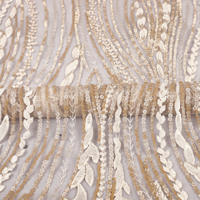 China New Design MX397 Gold Sustainable Tulle Mesh Flat Heavy Embroidery Lace Fabric for sale