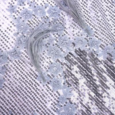 China Viable Wholesale Full Sequin Embroidery Fabric With Feather , Luxury Ostrich Feathers Sequin Lace Embroidery for sale