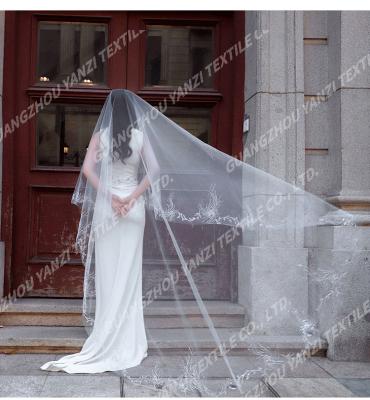 China 2021 Luxury Pearl Edge Lace Veil Cathedral With Old Comb Bridal Veil Lace Head Long 3 Meters Veil Wedding for sale