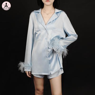 China Yanzi Wholesale Women's Loungewear Sleepwear Satin Pajamas Christmas Feather Pajamas Lounge Wear Sets Women Short QUICK DRY for sale