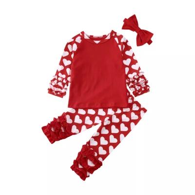 China Breathable Cute Baby Ruffle Sleeves Long Heart Print T-Shirt Pants Leggings With Headband 3Pcs Set for sale