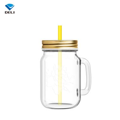 China GROCERY 490ml 16.6oz Disposable Modern Designed Custom Lids Empty Mason Wholesale Glass Jar With Straw for sale