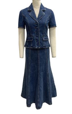 China Two Piece Denim Set Featuring A Tailored Jacket And Flared Midi Skirt for sale