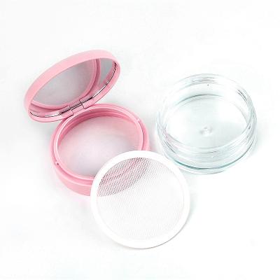 China Recyclable Custom Round Plastic Powder Crate Makeup Jar Loose Box Box With Elastic Mesh Net Sieve Powder Compact Case for sale