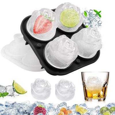 China DUMO 3D Rose Ice Cube Trays Maker Viable 4-Ice Silicone Cube Trays with Removable Lid Funnel Mold for Whiskey Cocktails Juice for sale