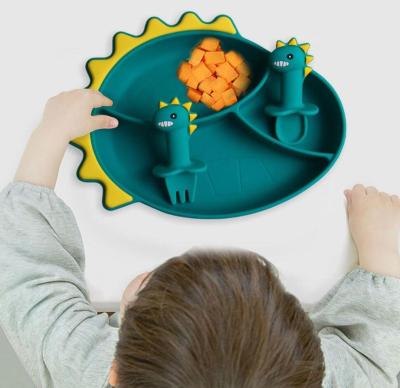 China DUMO Silicone Baby Dish Dinosaur Shape Self Viable Animal Silicone Suction Feeding Dish For Baby Kid Toddler Spoon Fork Set for sale