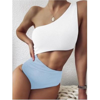 China Breathable Ribbed Cutout One Piece Strap Patchwork Customs Single Shoulder Swimwear Swimwear for sale