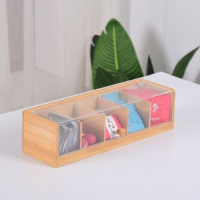 China Wholesale Multifunctional Natural Bamboo Kitchen Organizer Wood Tea Coffee Bag Storage Spice Box With Acrylic Lid for sale