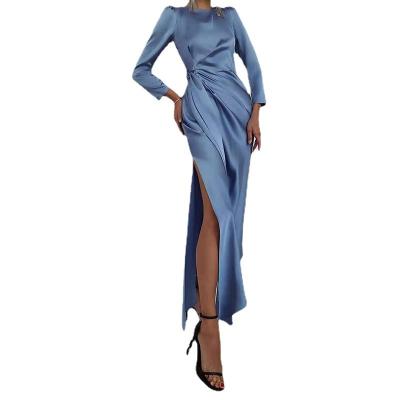 China Other Fashion Temperament Swap Neck Pleats Split Long Sleeve Slit Dress for sale