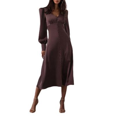 China Other Solid Color Long Sleeve V Neck Splice Elegant Women Simple Dresses for sale