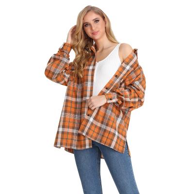 China Women's Anti-Shrink Swept Checked Casual V-Neckline Oversized Shirt Spring Front Check Long Sleeve Loose Button Shirt Shirt. for sale