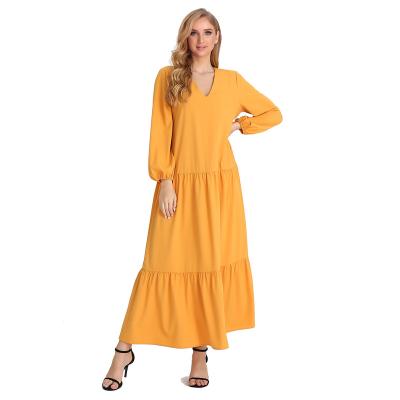 China Woven Washable Women's V-Neckline Long Sleeve Loose Ruched Mixi Dress Long Skirts Ankle Causal Dress for sale