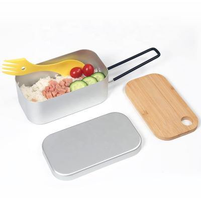 China Aluminum Cooking Mess Tin Aluminum Bento Lightweight Outdoor Camping Lunch Box With Wooden Cutting Board for sale