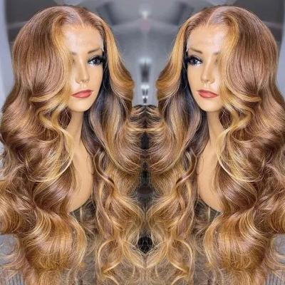 China Hd Highlight Hair Brazilian Glueless Wig Soft Straight Thick Honey Blonde Colored Human Hair Wigs For Women Ombre Body Wave Lace Front Wig for sale