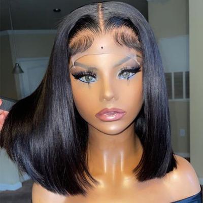 China Soft Thick Short Bob Straight Lace Frontal Wigs For Colored Women Pre Plucked Brazilian Human Hair Front Wigs 100% Transparent Wigs for sale