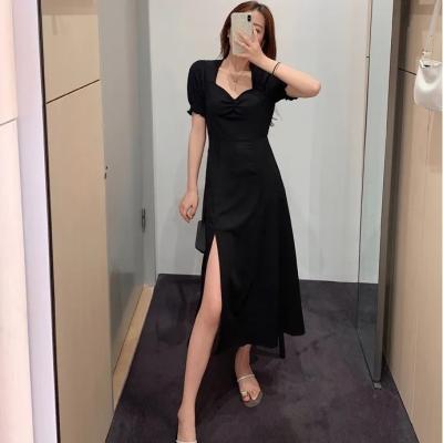 China 2022 Summer Anti-Static Bubble Sleeve Women's Retro Slit Skirt Square Hepburn Maxi Dress French Collar Dress for sale