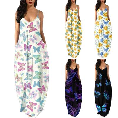 China 2022 New Large Size Women's Breathable Sexy V-Neck Pocket Sling Printed Long Skirt for sale