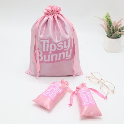 China Recyclable Custom Logo Printed Pink Satin Silk Dust Bag Dust Hair Bag Satin Hair Wig Extension Gift Bag for sale