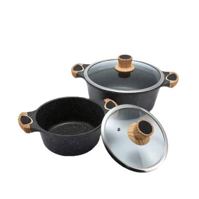 China Sustainable Kitchen Use 3003 Aluminum Non Stick Pot Food Warmer Marble Coating Stock Casserole With Pot Cover for sale