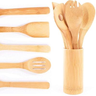 China Viable Cheap Best Price Bamboo Cookware Sets 6 Pieces Wooden Accessories Kitchen Utensils With Rack for sale