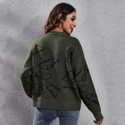 China 2021 Dinosaur Cartoon Breathable Jacquard Off Shoulder Knitted Sweater Women Loose for sale