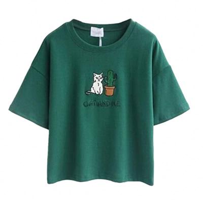 China High Quality Sustainable Cotton Women Short Sleeve Cat / Cactus Embroidery Women Crop Tops T-Shirt for sale