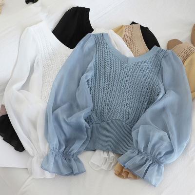 China MY912 Hot Sale Korean Fashion Chiffon Sleeve Patchwork Soft V-Neck Knitwear Breathable Tops Slim Sweater Clothing for sale