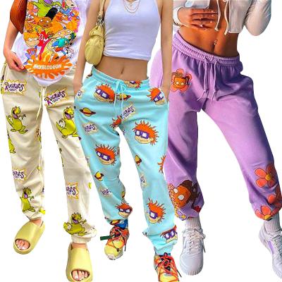 China 2021 Hot Selling Women's Fashion Casual Pattern QUICK DRY Printed Loose Sports Pants With Waist Rope for sale