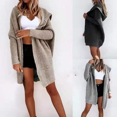 China 2021 autumn and winter solid color casual sweater women's breathable loose hooded knitted cardigan coat for sale