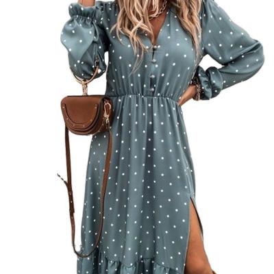 China 2021 anti-static European and American autumn and winter V-neck earring wave point Su fold printing long sleeve dress for sale