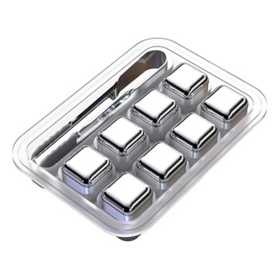 China Reusable 8PCS Stainless Steel Whiskey Stones Metal Ice Cube Cooling Stones with Tongs and Freezer Storage Tray |Silver for sale