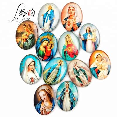 China Shape New Creative Custom Religious Catholic Virgin Mary Glass Bezel 30*40mm Crystal Fridge Magnet Oval for sale