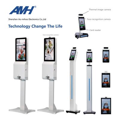 China AMH Made In China Temperature Kiosk With Ad LCD Display Screen Hand Sanitizer Gel Foam Dispenser For Public Use 21.5 inch for sale