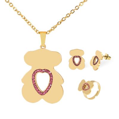 China Environmental Friendly 18k Titanium Gold Stainless Steel Bear Dubai Jewelry Set Bridal Wedding Jewelry Set Necklace Earrings Rings Set for sale