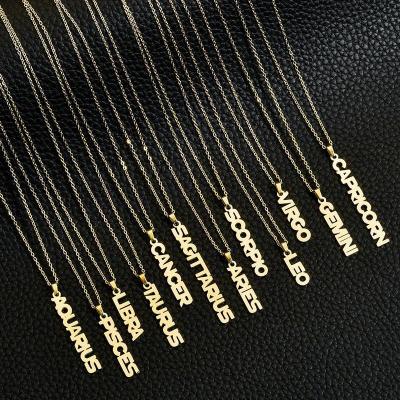 China New Design Stainless Steel Zodiac Sign Necklace 12 Zodiac Name Letter Necklace Environmentally Friendly Vertical Women for sale