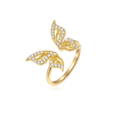 China Environmental Friendly Rhinestone Crystal Butterfly Open Ring Luxury Women Gold Plated CZ Zircon Butterfly Rings for sale