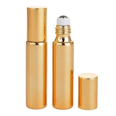 China Luxury Shiny UV Coating 10ml Glass Roll On Perfume Bottle Essential Oil Glass Vials With Stainless Steel Trackball for sale