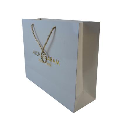 China Recyclable Shoulder Length Handle Logo Luxury Shopping Branded White Paper Gift Bags for sale