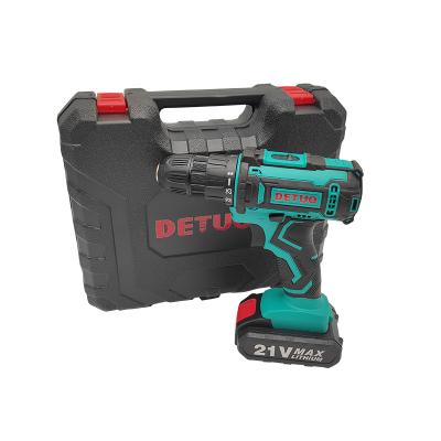 China DETUO Good Quality 21V Cordless Electric Drill Set With Two Batteries One Charger 13mm Plastic Box And Spare Parts for sale