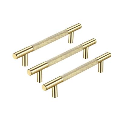 China Easy assemble/ Eco-friendly/ Multi-function Solid Brass Furniture hardware Cabinet Pulls Knurling knurled Kitchen Door Gold Handle Drawer Knobs Bedroom T-type Handles for sale