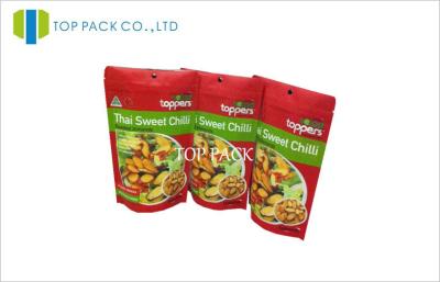 China Fruit Chips Stand Up Pouch Packet Red Matte Printed Hanging Round Hole for sale