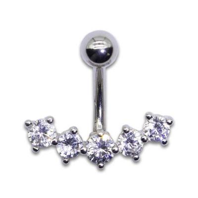 China White Gold Color Hypoallergenic Belly Button Rings Five Zircons Navel Ring 10mm for sale